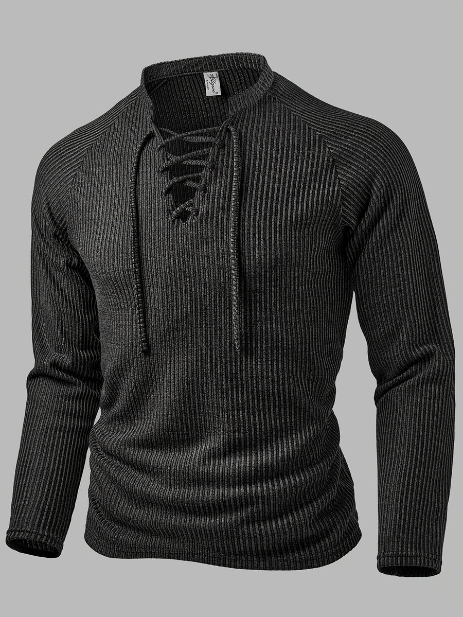 Men'S Fashion Top, Autumn Winter Outdoor Casual Textured Ribbed Fabric V-Neck Tie-Front Drop Shoulder Sleeve Men'S Henley Shirt - Dark Gray
