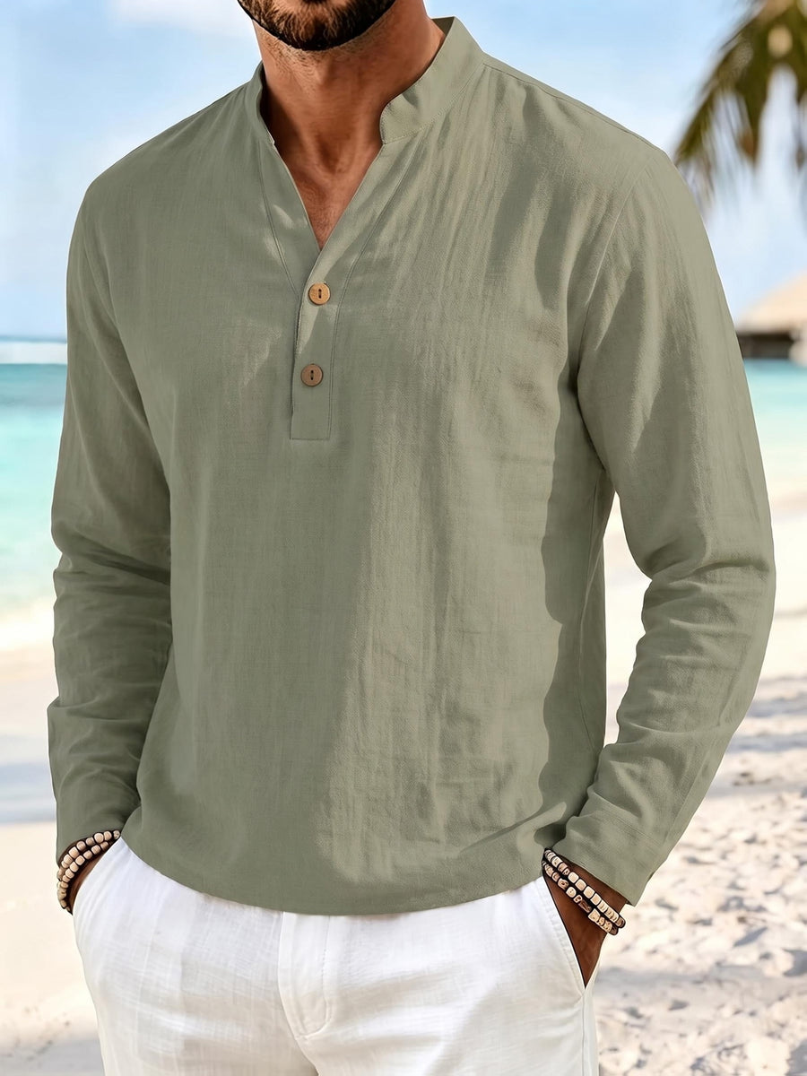 Men'S Pure Casual Long Sleeve Henley Shirt Linen Texture Old Money Style Solid Color Button-Up Top Spring Fall Moisture-Wicking Breathable Comfortable Long Sleeve T-Shirt - Military Green