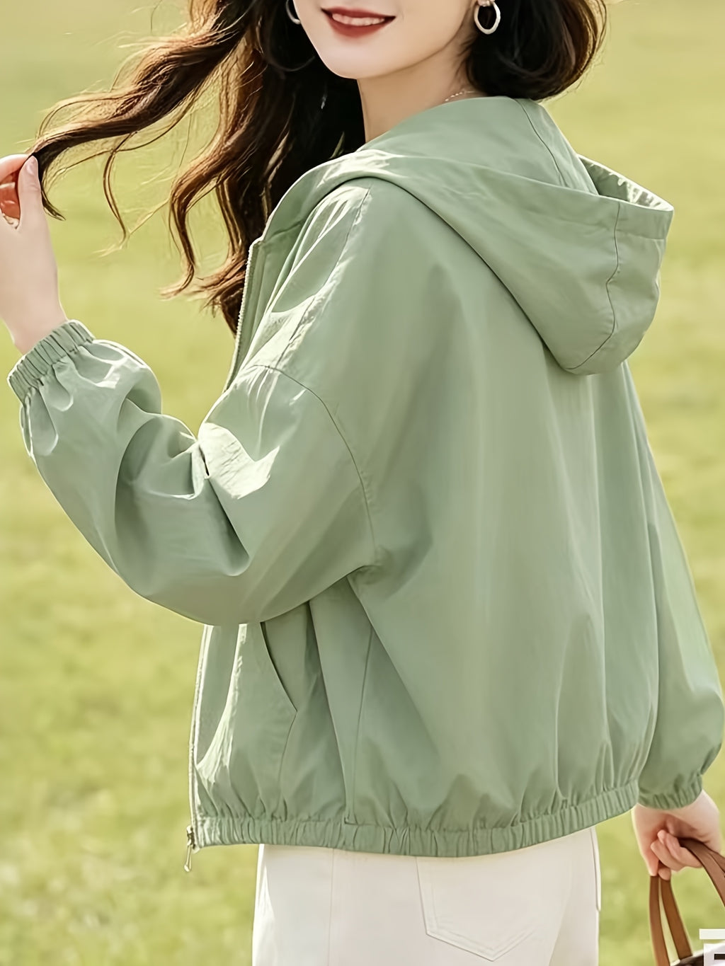 New Short Hooded Spring/Autumn Lightweight Loose-Fit Jacket Top for Petite Women - Pea Green Color