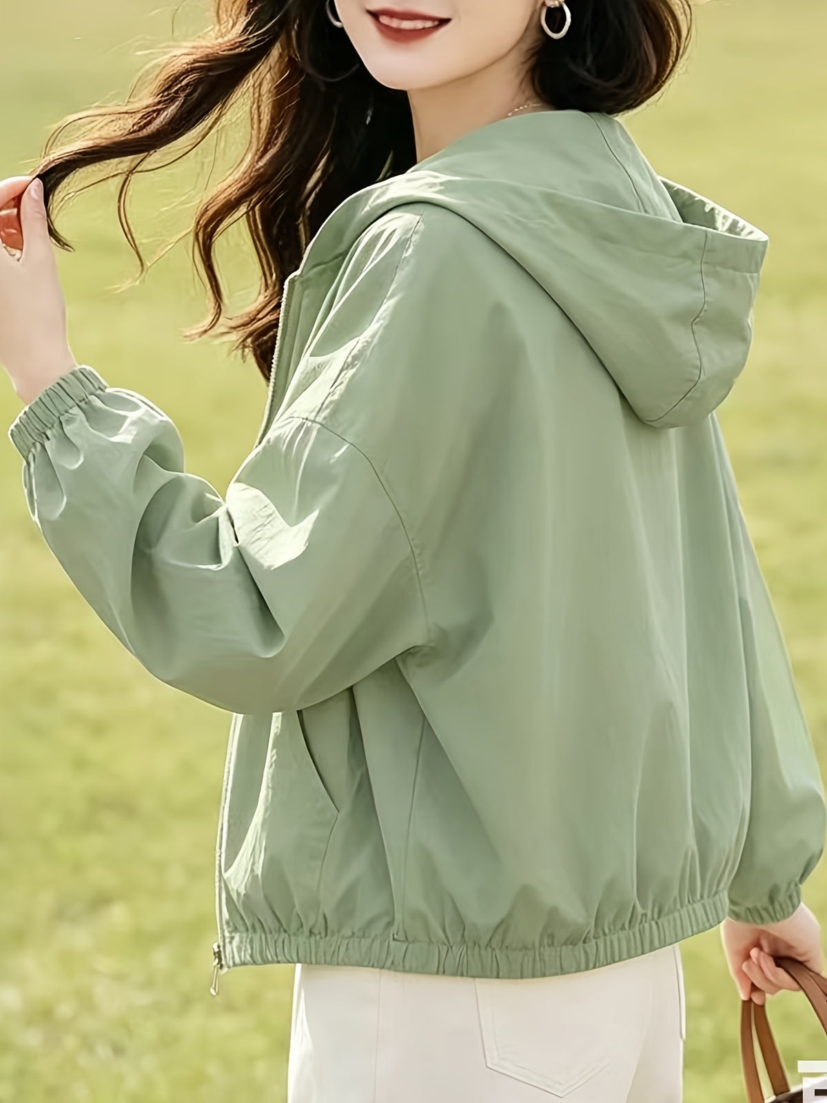 New Short Hooded Spring/Autumn Lightweight Loose-Fit Jacket Top for Petite Women - Pea Green Color