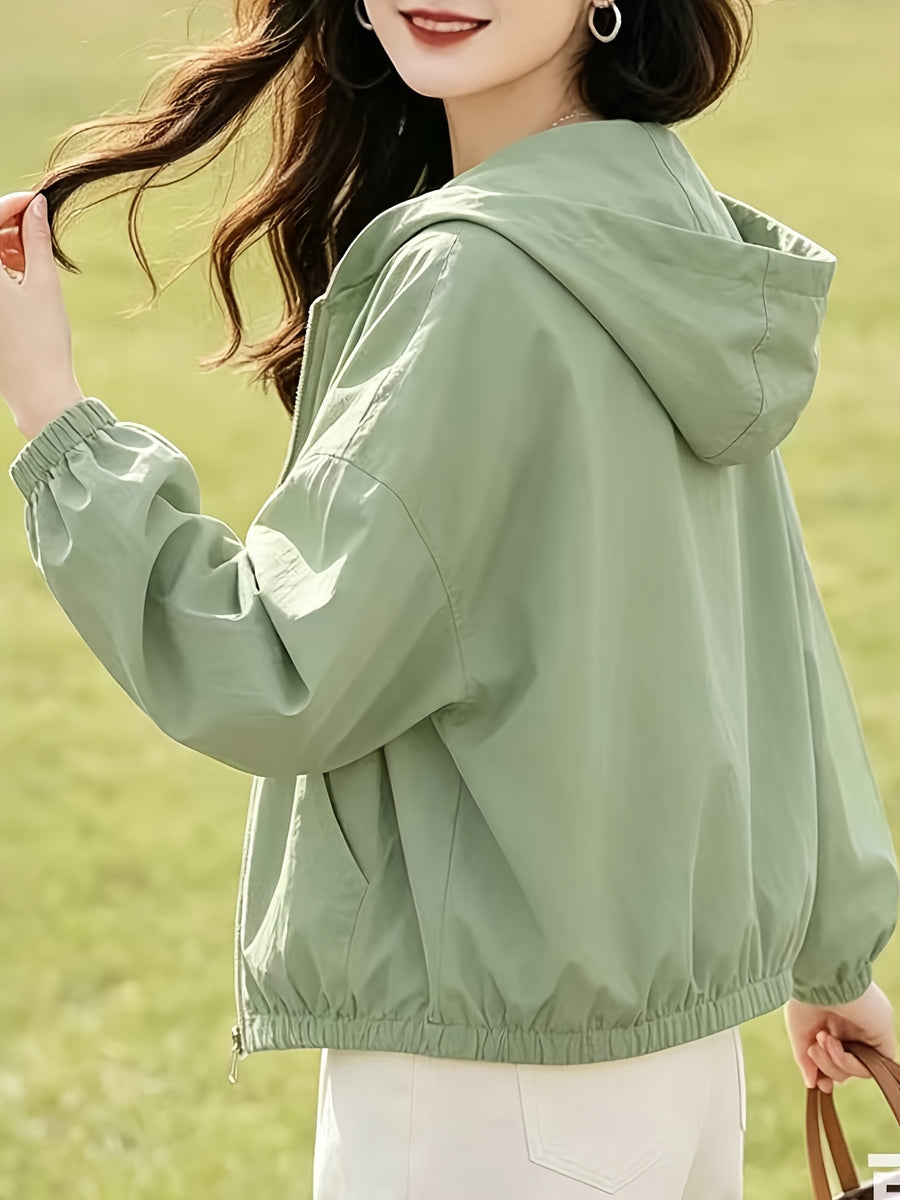 New Short Hooded Spring/Autumn Lightweight Loose-Fit Jacket Top for Petite Women - Pea Green Color