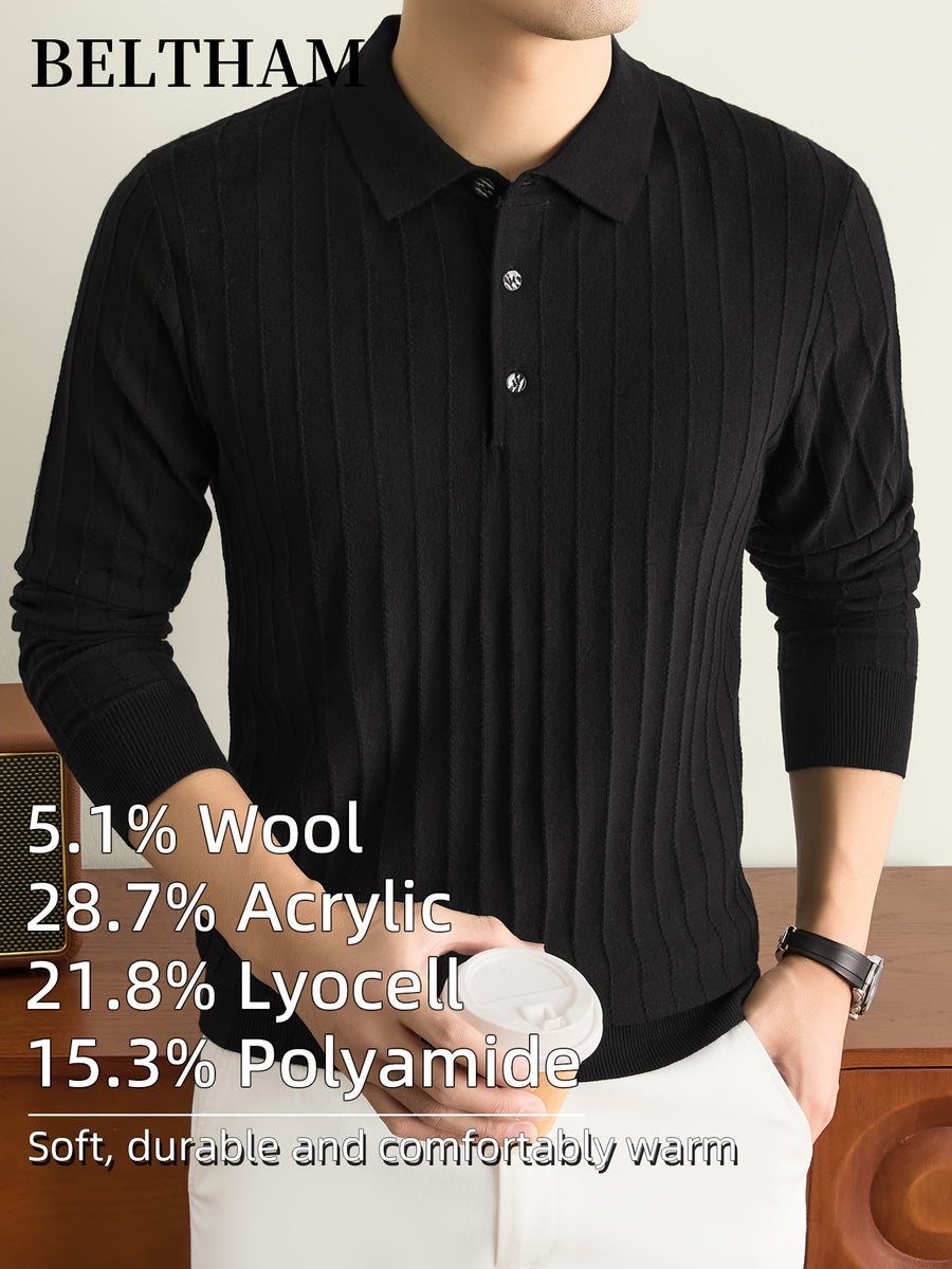 Men's New Fall Winter Wool Blend Long Sleeve Polo Collar Pullover Sweater, Cold Resistant Warm Soft Comfortable Knit Jumper, Simple Elegant Fashion, Ideal Gift for Father Husband, Daily Casual Business Sports Golf Fishing Outdoor Camping Wear - Black