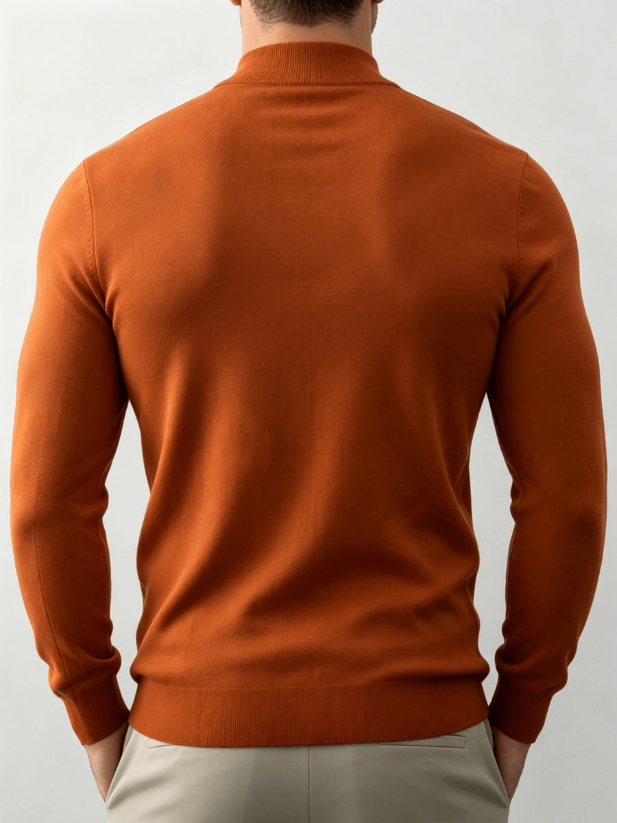 Autumn And Winter New High-End Slim Fit Half-High Collar Knit Long-Sleeve Top Suitable for Mature Men for Commuting, Business / Weekend Casual / Light Business Gatherings, Long-Sleeve Sweater, Mid-Aged Men'S Versatile Long-Sleeve Knit Sweater - Tangerine