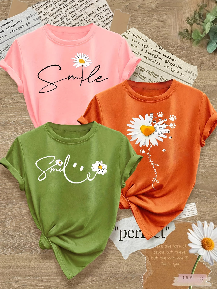 Smiling Letter Small Flower Series 3pcs Mixed Pack, Family Pack, Sisters Pack, Printed Fashion Vintage Style Women's Summer Casual Sporty Style Round Neck Short Sleeve T-Shirt, Multiple Colors Available, Sizes S-XXL - Pink, orange, army green