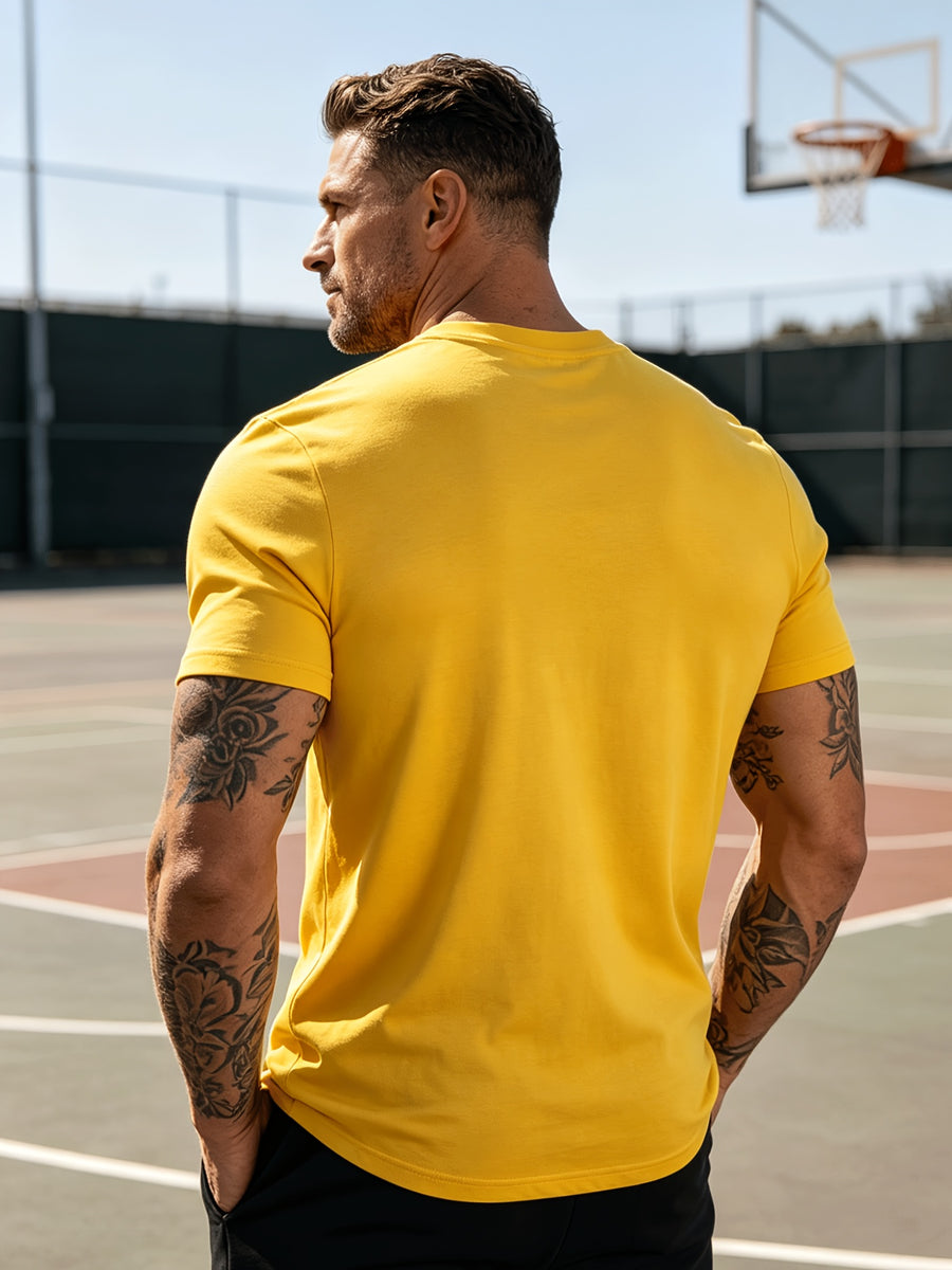 100% Cotton 2pcs Men's Basic V-Neck Pure Cotton Solid Color Short Sleeve T-Shirt, Soft and Skin-Friendly, Versatile Top for Fitness, Casual, and Daily Wear - White+Yellow