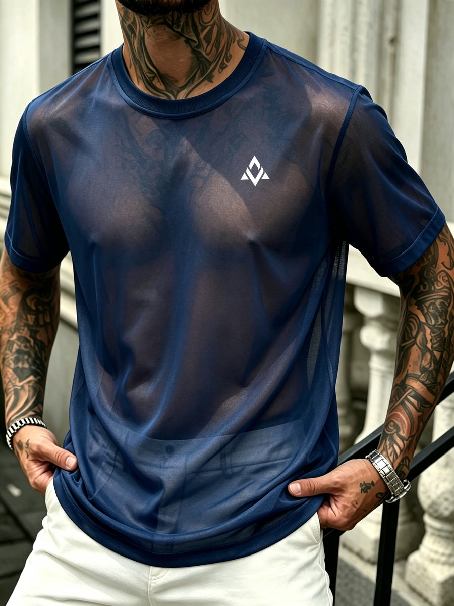 Men's Geometric Triangle Small Logo Mesh Short Sleeve Cooling Quick-Dry Loose Fit Crew Neck Sports T-Shirt - Navy Color