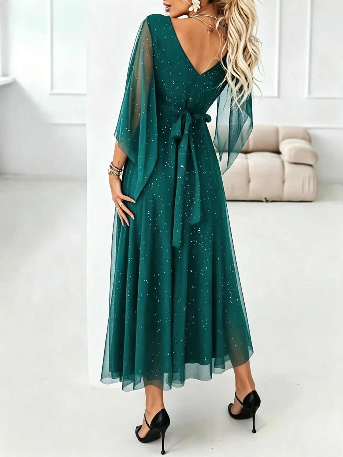 2026 New Light Luxury Shimmering Mesh Long Dress, Women'S V-Neck Waist-Cinching Slimming Flared Skirt, Wedding Bridesmaid Evening Party Gathering Elegant Dress - Malachite Green