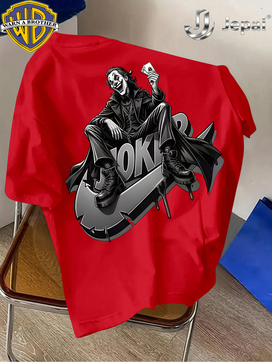 Warner Exclusive, Vintage Street Style DC Joker Themed Print Men's Summer Basic Daily Casual Short-Sleeve Top, Casual Crew Neck Shirt, Suitable for Outdoor Wear, Fitness, Office, and Daily Outfits, an Essential Item for Men's Basic Wardrobe - Red