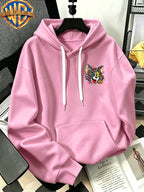 Autumn Winter Trendy Fashion Drawstring Pocket Hooded Men'S Sweatshirt, Multi-Color Graffiti Fun Cool Classic Mouse Cat Head Cartoon Print Design, Sporty Fashion Loose Hoodie, Casual Daily Wear, Trendy For, Suitable for Home And Outings, Unisex - Pink Color