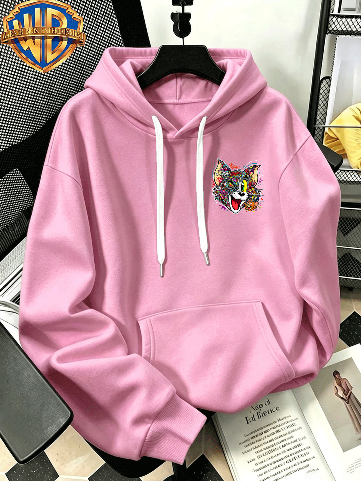 Autumn Winter Trendy Fashion Drawstring Pocket Hooded Men'S Sweatshirt, Multi-Color Graffiti Fun Cool Classic Mouse Cat Head Cartoon Print Design, Sporty Fashion Loose Hoodie, Casual Daily Wear, Trendy For, Suitable for Home And Outings, Unisex - Pink Color