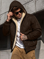 CWPKF Men's Winter Hooded Windproof Jacket with Padded & Zippered Pockets - Thickened Warm Coat Suitable for Weather, Machine Washable Hooded Outerwear for Daily Commute, Outdoor Activities, Gift Choice (Regular Fit) - Coffee Color