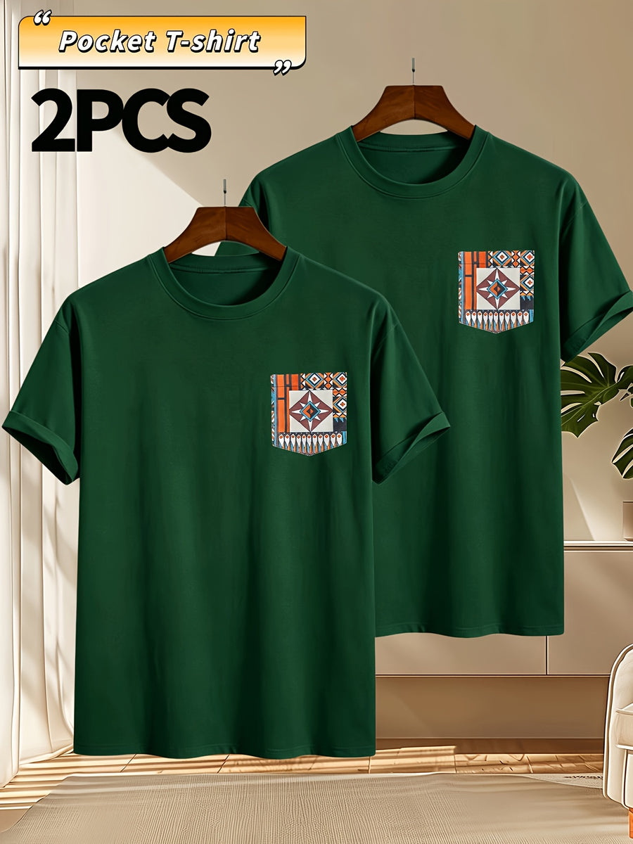 2pcs Men's Round Neck Pocket Short-Sleeve T-Shirt, Suitable for Summer Outdoor Casual Wear, Versatile Casual Knit Top, Men's Casual Pocket Design Sport T-Shirt - Dark Green