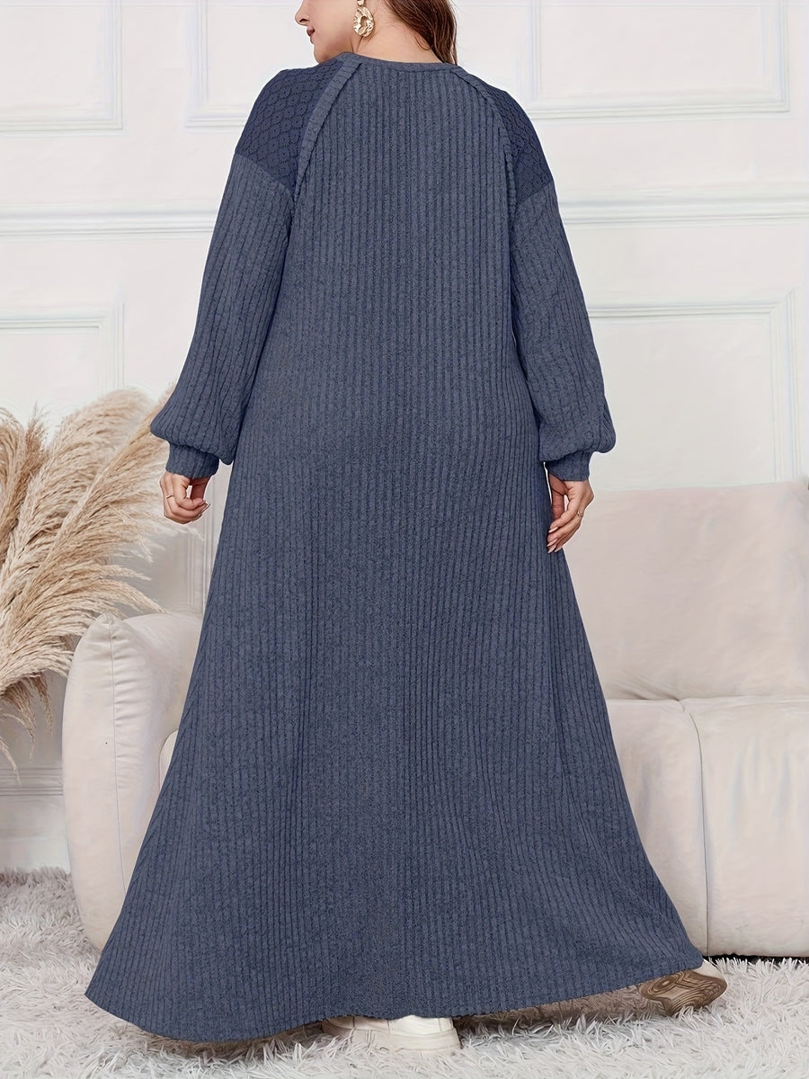 Plus Size, Women's Plus Size Elegant Maxi Dress - Long Sleeve Round Neck H-Line Dress with Wide Hems, All-Season -Length Gown for Weddings, Parties & Casual Attire, Machine Washable (Middle East Collection) - In Stock - Navy Color