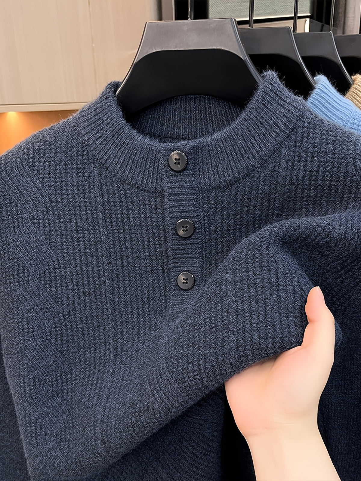 Spring And Autumn Men'S Half-Button Henley Collar Knit Sweater 3D Jacquard Texture Warm Easy And Atmospheric Middle-Aged Men'S Commuter Pullover - Deep Gray