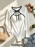 Spring Autumn All-Season Commuter Women'S Bow Tie Design Color-Block Long Sleeve Jumpsuit Sexy Elegant Ribbed Stretch Base Layer Statement Chest Tie Fashion Basic Jumpsuit Date Party Fitted Base Layer Jumpsuit - White