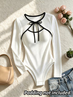 Spring Autumn All-Season Commuter Women'S Bow Tie Design Color-Block Long Sleeve Jumpsuit Sexy Elegant Ribbed Stretch Base Layer Statement Chest Tie Fashion Basic Jumpsuit Date Party Fitted Base Layer Jumpsuit - White