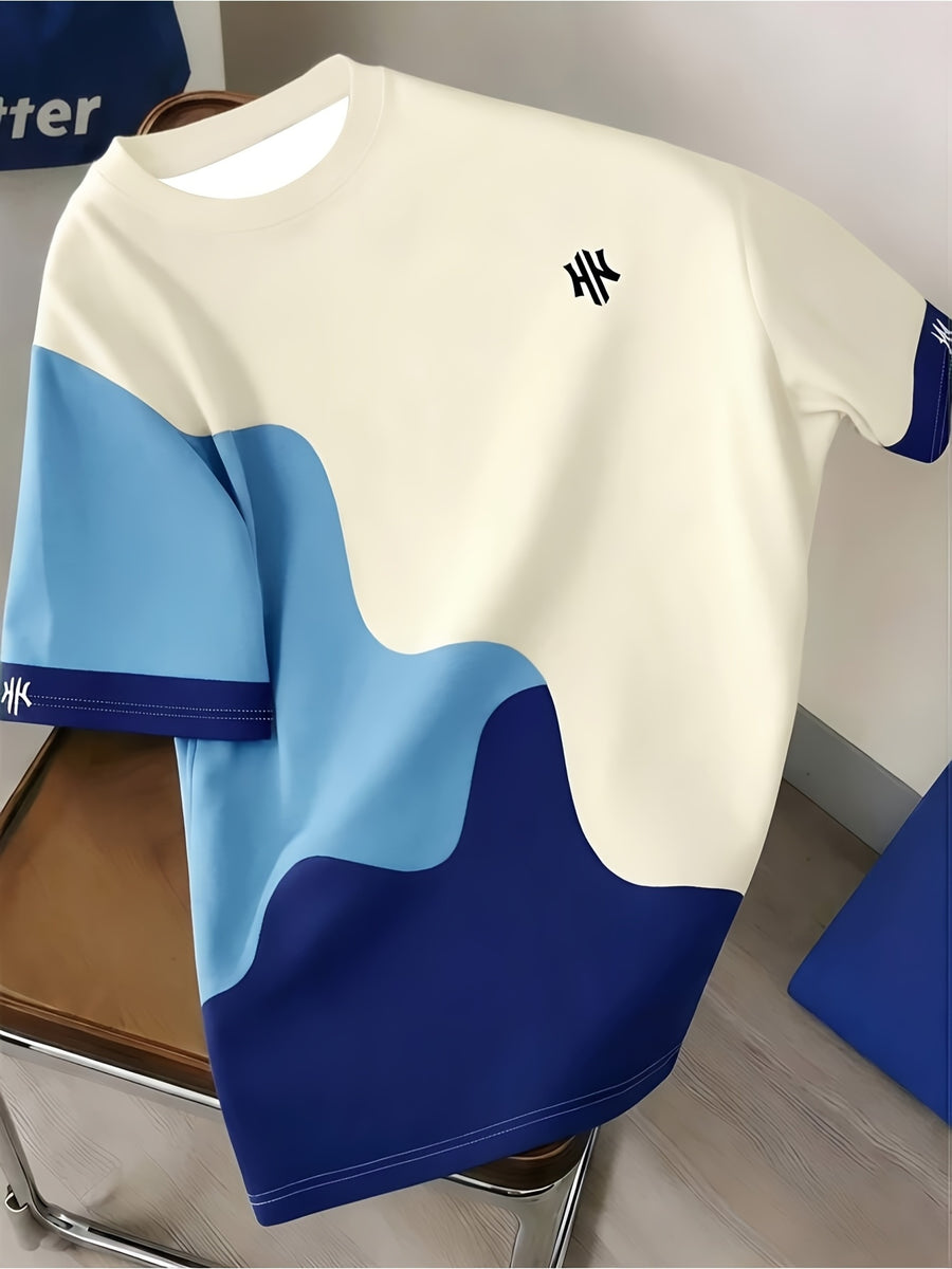 Men'S Casual Athletic T-Shirt, Beige Brown Gradient Wavy Contrast HK Small Label Print Design, Fashion Thin Breathable Tee, Machine Washable Casual Short Sleeve Top - Mixed Color 1