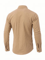 Men'S Fashion Top, Long Sleeve Gualabera Shirt with Pleated Front, Casual Shirt for Vacation, All-Season Casual Style - Khaki