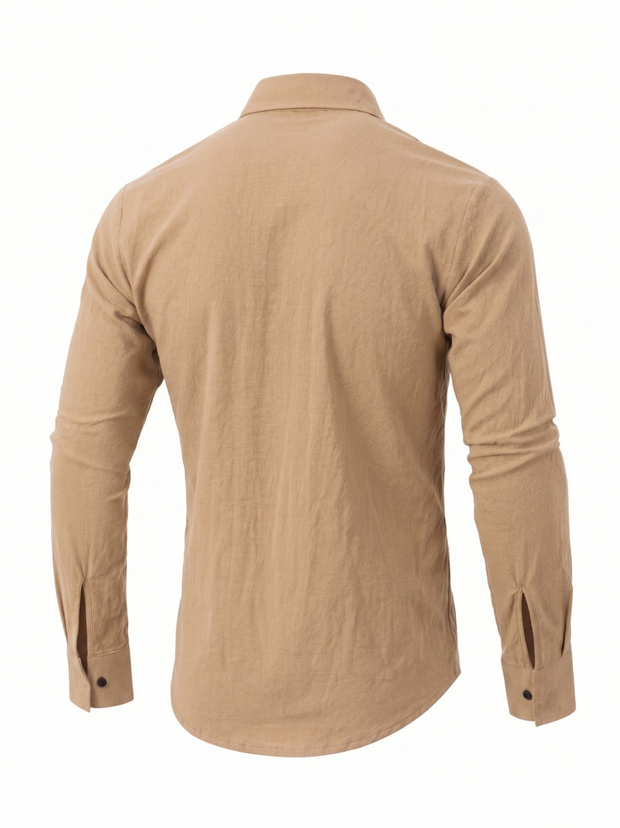 Men'S Fashion Top, Long Sleeve Gualabera Shirt with Pleated Front, Casual Shirt for Vacation, All-Season Casual Style - Khaki