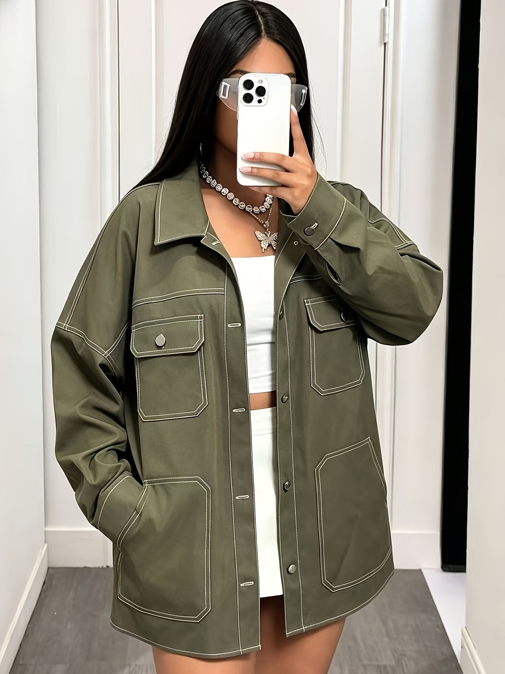 Plus Size, Oversize Women Coat Olive Green Utility Jacket with Contrast Stitching and Pocket Casual Button Shacket Streetwear Fashion Plus Size Mutiple Pockets Womens Jacket for Daily Wear - Olive Green