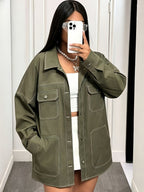 Plus Size, Oversize Women Coat Olive Green Utility Jacket with Contrast Stitching and Pocket Casual Button Shacket Streetwear Fashion Plus Size Mutiple Pockets Womens Jacket for Daily Wear - Olive Green