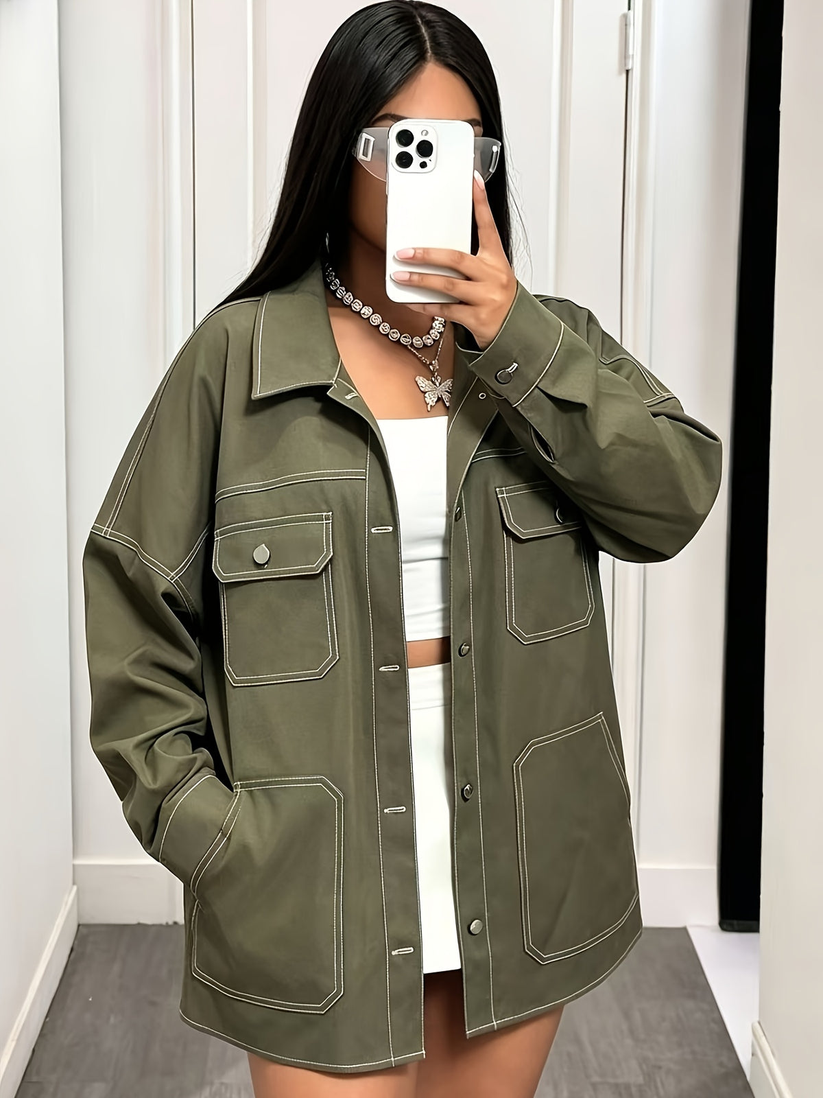 Plus Size, Oversize Women Coat Olive Green Utility Jacket with Contrast Stitching and Pocket Casual Button Shacket Streetwear Fashion Plus Size Mutiple Pockets Womens Jacket for Daily Wear - Olive Green