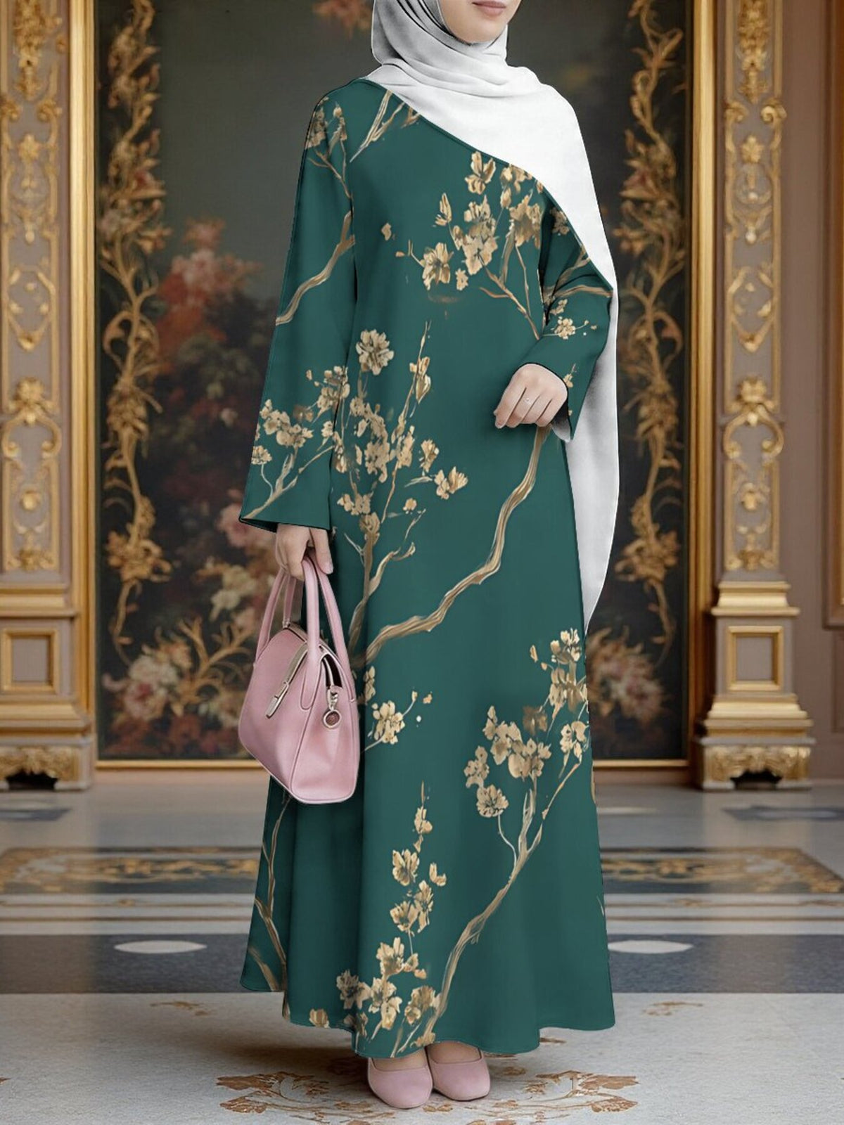 Women's Middle Eastern Style Muslim Elegant Robe, Dark Green with Golden Branch and Plum Blossom Print, Long Loose A-Line Flared Robe with Long Sleeves, for Daily Social Gatherings, Prayer, and Outings, Skin-Friendly and Breathable Non-Embroidered - Mixed colors