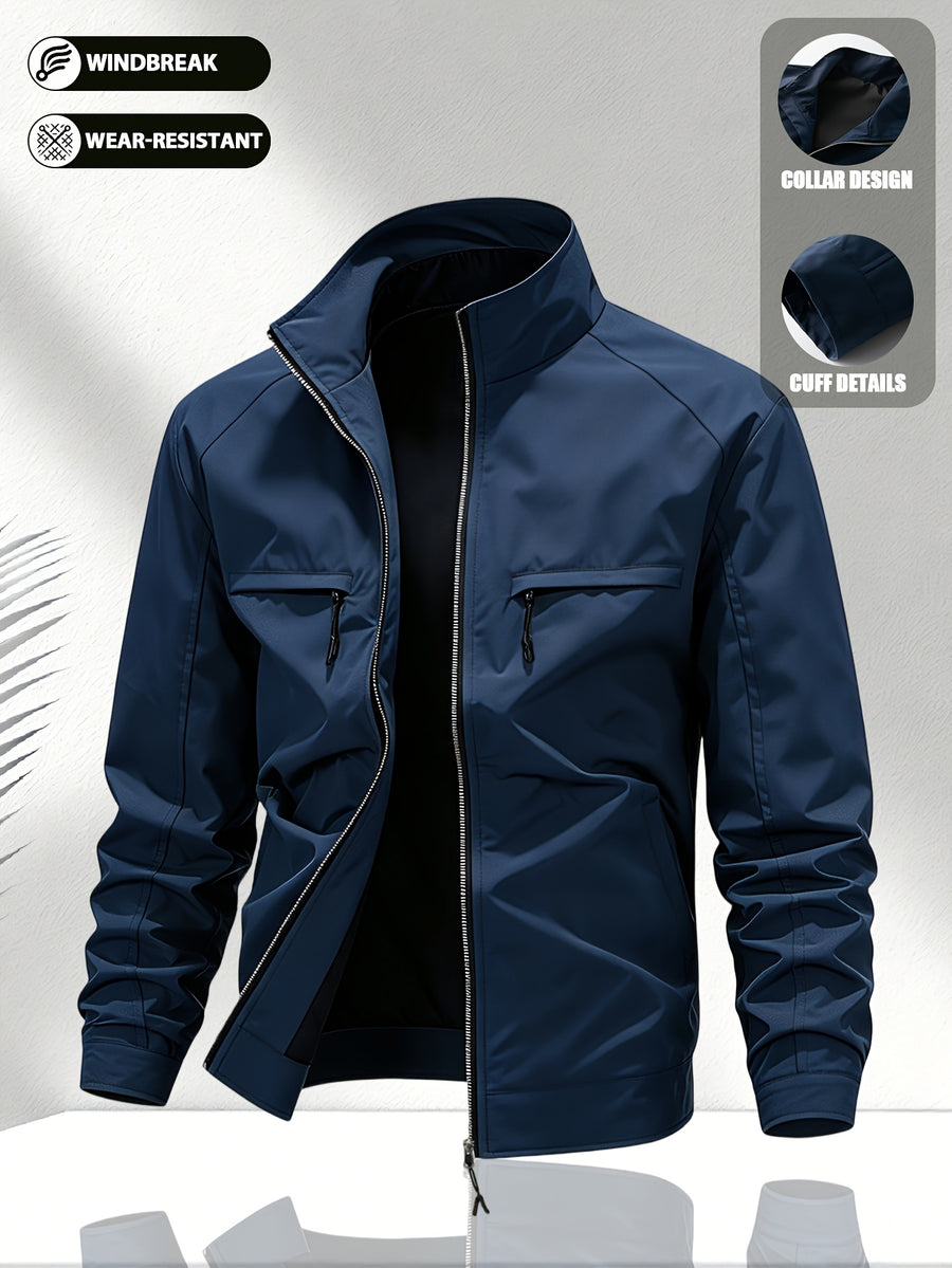 Men'S Solid Color Stand-Collar Jacket, Street Casual Campus Outing Style, Lightweight Windproof Practical Fabric, Minimalist All-Match Cargo Style, Spring/Autumn Standard Fit - 637 - Deep Blue