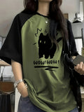 Comfortable And Stretchy T-Shirt, Casual Style, Fabric, Mid-Length Style, Suitable for All Seasons, Y2K Style Raglan Sleeve Round Neck Top with Cute Cat Pattern And Letter Print - Olive Green