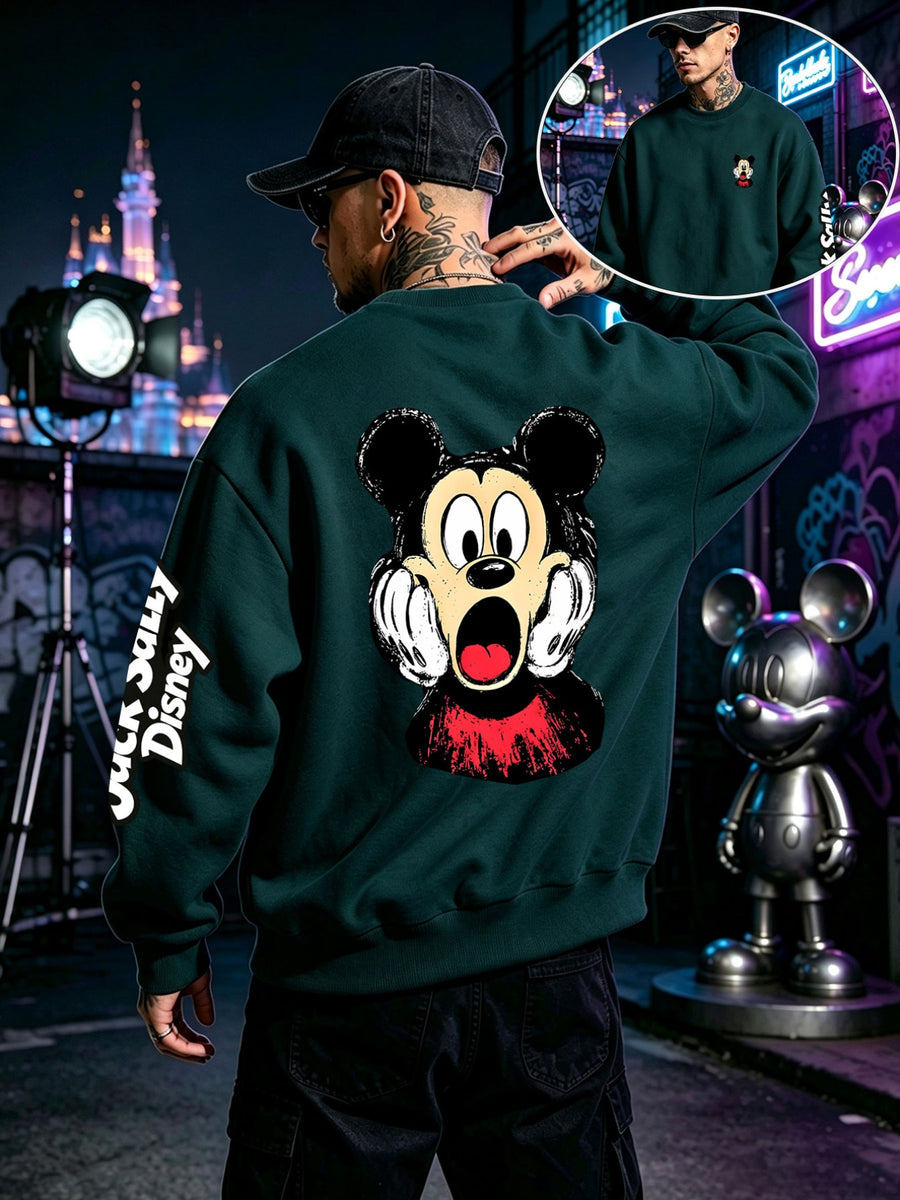 Halloween Sweatshirt, Men's Autumn/Winter Long-Sleeve Top, Casual and Versatile Sweatshirt, "Disney" Mickey Mouse Scared Face Print Men's Apparel, Perfect for Holiday Outfits, Daily Wear, and Party Attire - Blackish Green