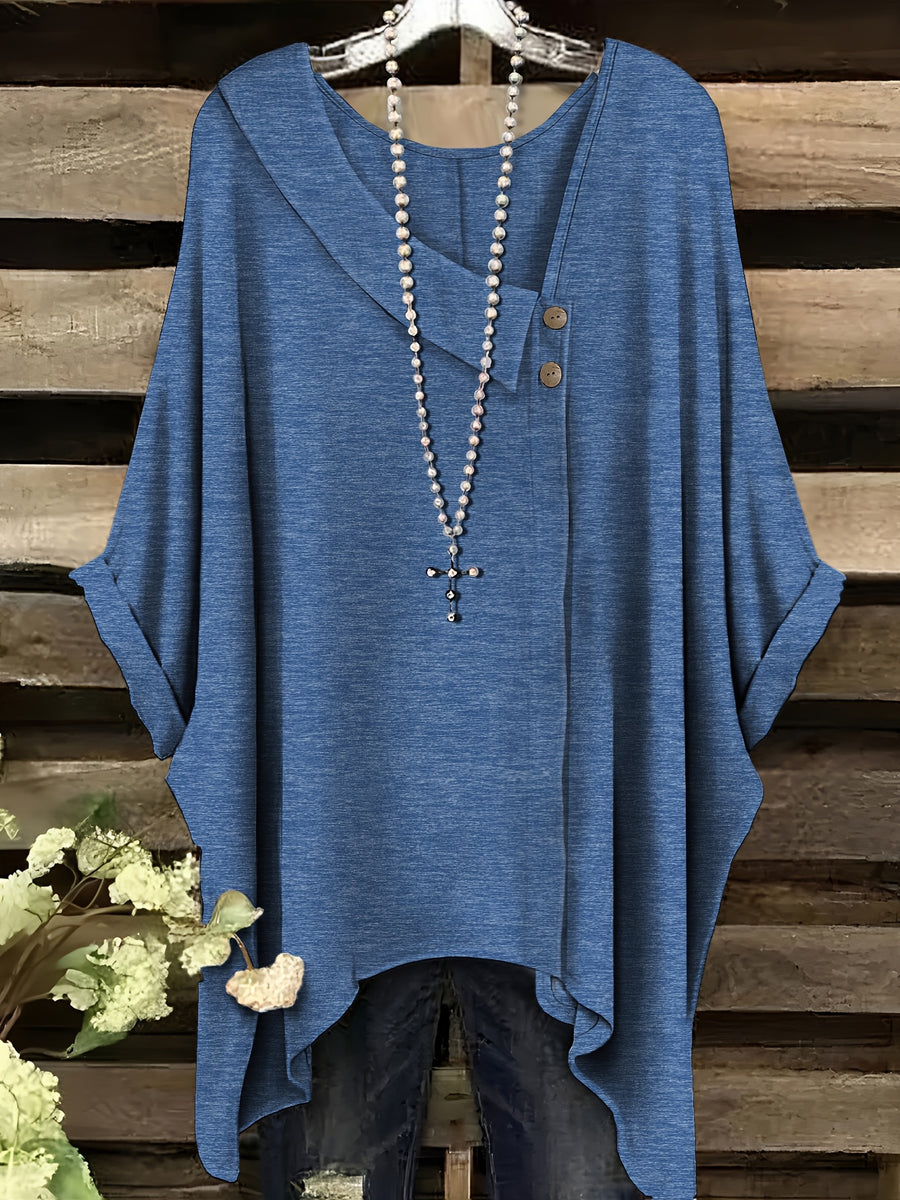Plus Size - Plus Size - Fashionable New Polo with Buttons, Women'S Plus Size Short Sleeve T-Shirt, Unique Short Sleeves, Stylish Casual Women'S Wear, Loose Fit Clothing, Additions Not Included - Blue