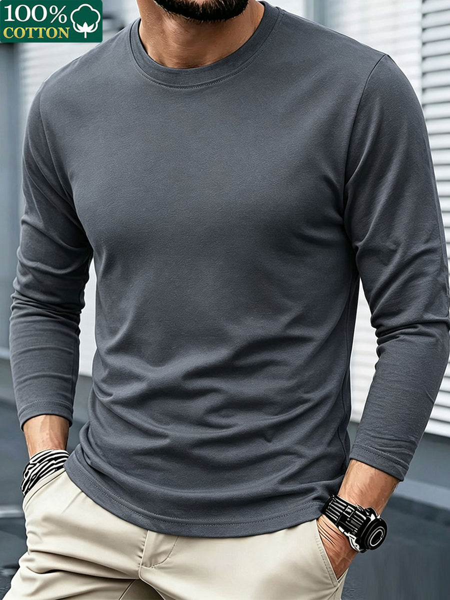 100% T-shirt, New Spring/Autumn Long-Sleeve T-shirt, Men's Sporty Casual Wear, Stylish and Versatile Top - Dark Gray