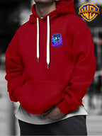 Warner Bros Official 1pc Cyber Purple-Blue Flame Background Grimace The Devil Graffiti Font Casual Hoodie - Men's Fashion Hoodie, Double-Sided Front and Back Print, Adjustable Drawstring Loose and Comfortable Sweatshirt, Suitable for Daily - Red