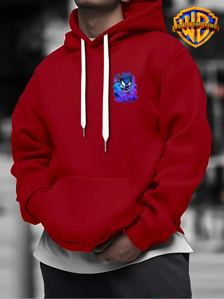 Warner Bros Official 1pc Cyber Purple-Blue Flame Background Grimace The Devil Graffiti Font Casual Hoodie - Men's Fashion Hoodie, Double-Sided Front and Back Print, Adjustable Drawstring Loose and Comfortable Sweatshirt, Suitable for Daily - Red