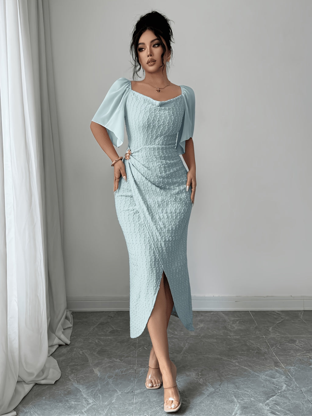 Women's Metal Buckle Block Color Block Ruffle Collar Fitted Elegant Dress, for Weddings, Dates, Occasions, Gatherings, Parties, Spring/Summer Style - Light Blue