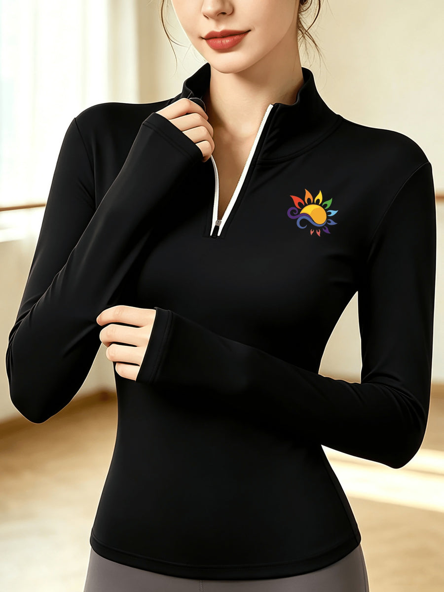 Stand-Collar Half-Zip Long Sleeve T-Shirt, Autumn Winter Warm Semi-High Neck Base Layer Top - Black