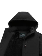 Men'S Fleece-Lined Hooded Winter Jacket, Thermal Warm Windproof Cold-Resistant Coat, Regular Fit Adjustable Hood Outerwear for Snow Skiing, Hiking, Daily Winter Commute with Multi-Zipper Pockets, Adjustable Cuffs & Embroidered Badge Logo - Black
