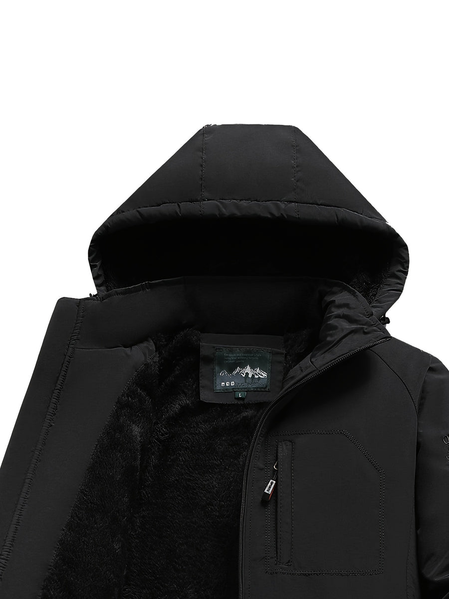Men'S Fleece-Lined Hooded Winter Jacket, Thermal Warm Windproof Cold-Resistant Coat, Regular Fit Adjustable Hood Outerwear for Snow Skiing, Hiking, Daily Winter Commute with Multi-Zipper Pockets, Adjustable Cuffs & Embroidered Badge Logo - Black