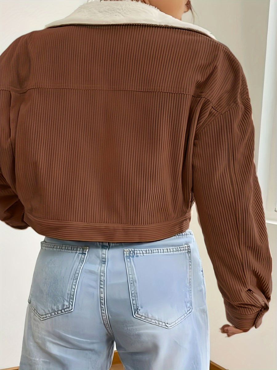 Women'S Short Corduroy And Lamb Jacket for Autumn And Winter, Featuring a Fleece Collar, Versatile Korean-Style Warm Top - Dark Brown