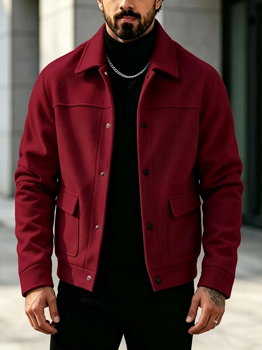 Men's Autumn/Winter Lapel Tweed Jacket with Snap Buttons, Double Patch Pockets, Loose Fit, Thickened and Warm, Versatile Blend Top for Business, Casual, Daily Commuting - Burgundy