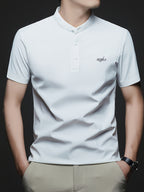 Maqiqi OBM Men's Chinese Style Henley Shirt - Breathable Short-Sleeve -Front Collar Polo, Half-Open Placket Stand Collar Tunic for Business Casual Wear, Layering Base Layer Top Suitable for Office, Golf, Running Gift - White