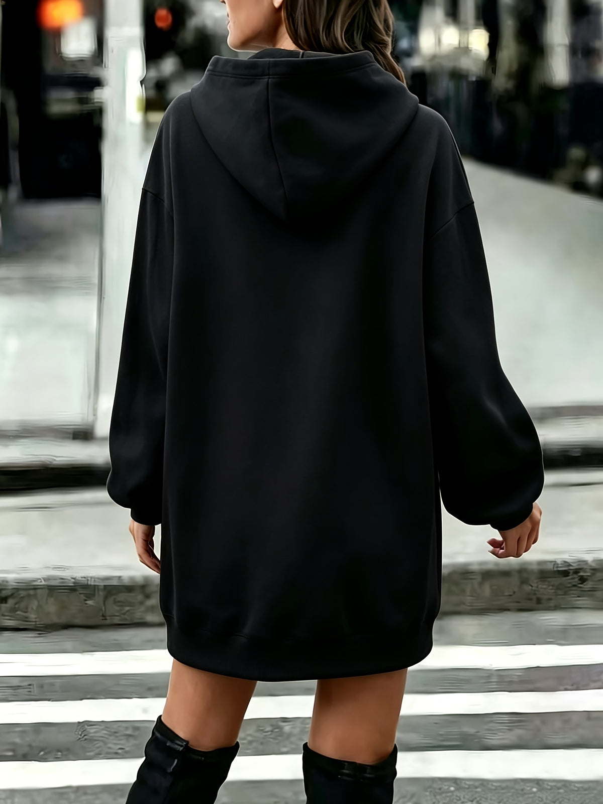 Long Hooded Sweat Dress Women'S Autumn Winter Thickened Fleece Top Women'S Versatile Loose Casual Long Sleeve Hoodie - Black