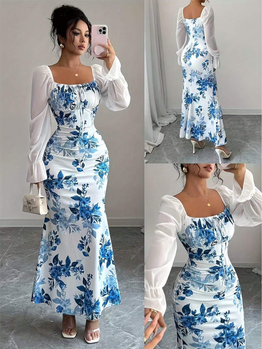 Women's Elegant Square Neck Dress with Chest Wrinkle Bow Accent - Slim-Fit Long Sleeve A-Line Dress, High Elasticity Fabric for Wedding, Date Night & Casual Attire, Machine Washable, All-Season A-Line Dress - Mixed colors