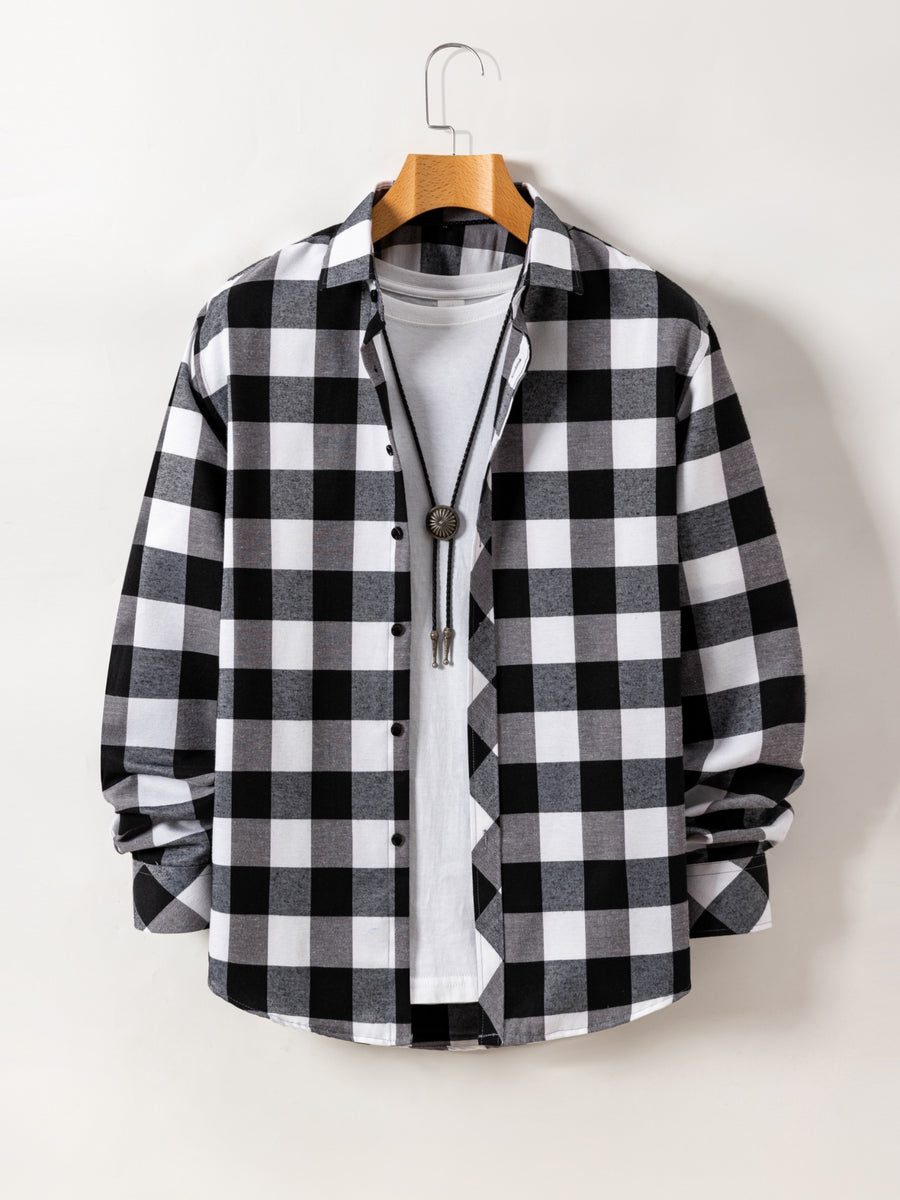 New Trendy Men'S Brushed Checkered Shirt Fall Winter Casual Jacket Outerwear - Black