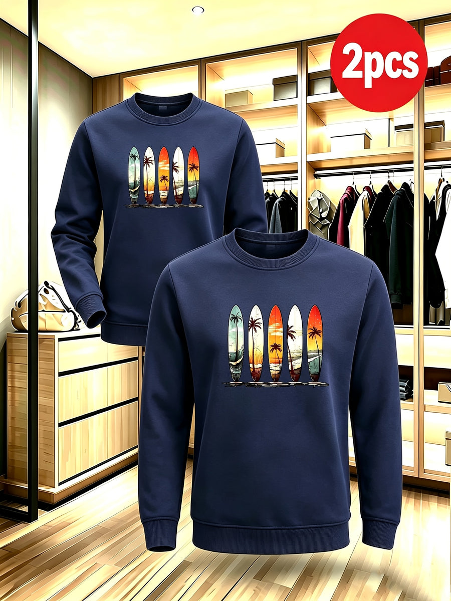 2pcs Men'S Fall Winter Thick Fleece Lined Crewneck Pullover, Retro Beach Surfboard Tree Sunset Graphic, Versatile Warm Long Sleeve Top, Daily Commute, Outdoor Activity, Street Style, Friend Meetup - Navy Color