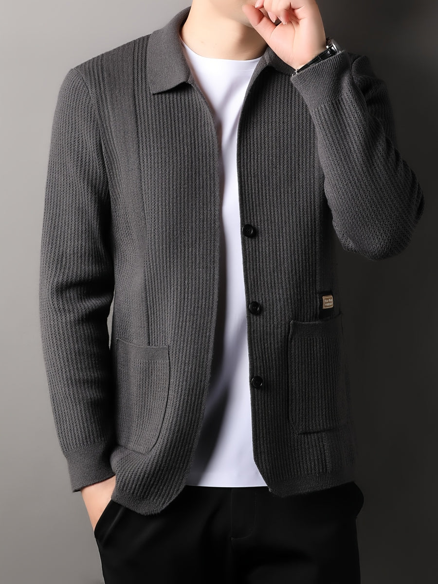 Du Jing Lan OBM Spring/Autumn New Arrival Men's Knit Cardigan, Old Money Style Solid Color Striped Single-Breasted Open Front Lapel Knit Cardigan, Men's Business Casual Fashion Single-Breasted Open Front Knit Cardigan Top, Suitable for Spring - Dark Gray
