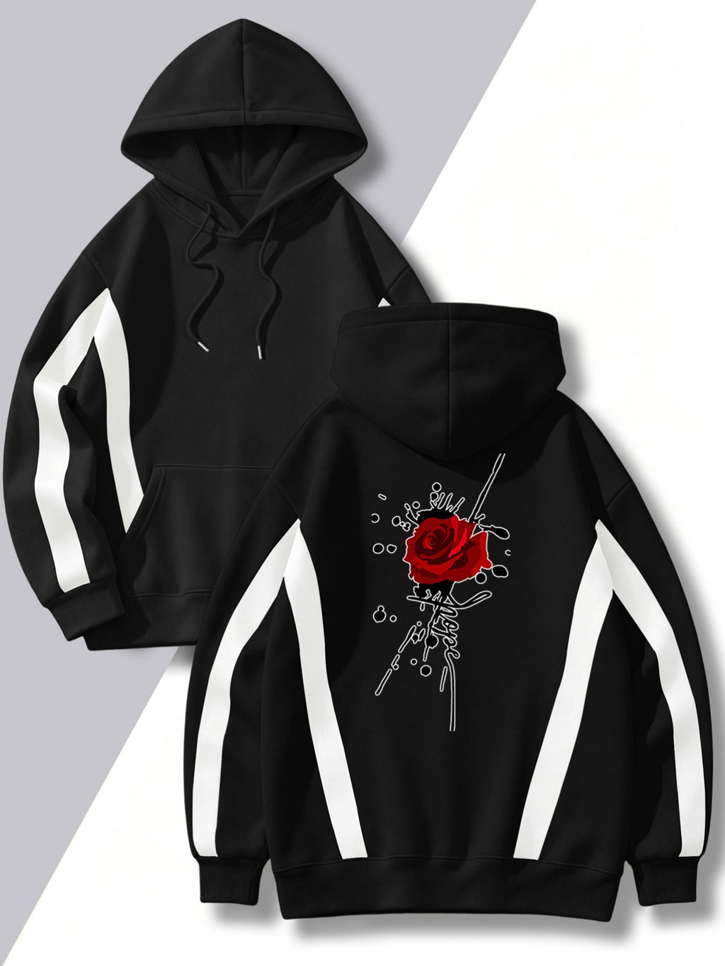 4pcs Set: Autumn/Winter Men's Street Style Pullover Hooded Sweatshirt with Diagonal Contrast Color Stripe Cutting on Sleeves, Long Sleeve Top, Adjustable Drawstring, Large Capacity Kangaroo Pocket for Storing Phone and Small Items, Skin-Friendly - Black + Black + Black + Black