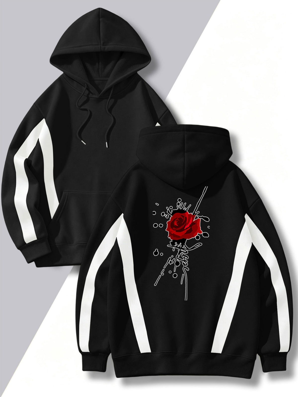 4pcs Set: Autumn/Winter Men's Street Style Pullover Hooded Sweatshirt with Diagonal Contrast Color Stripe Cutting on Sleeves, Long Sleeve Top, Adjustable Drawstring, Large Capacity Kangaroo Pocket for Storing Phone and Small Items, Skin-Friendly - Black + Black + Black + Black