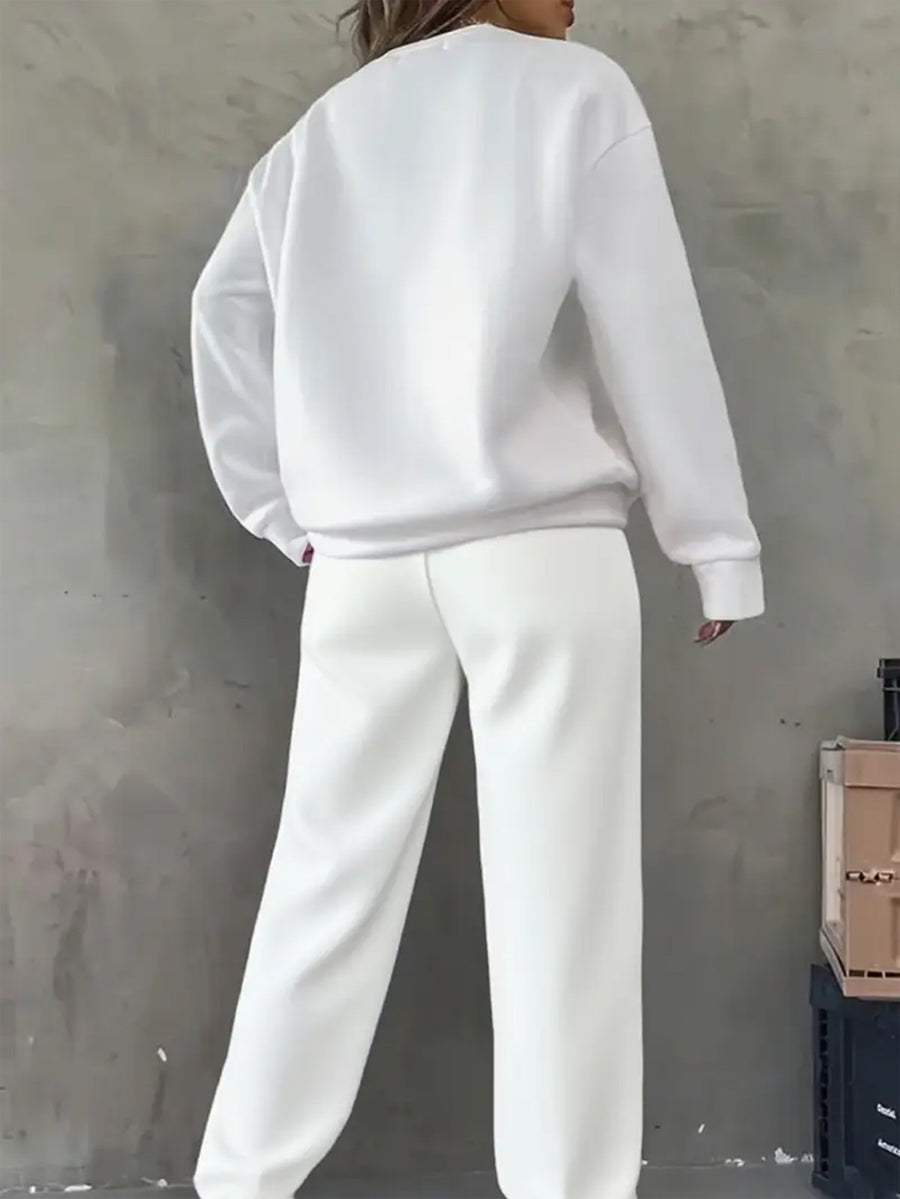 2pcs Women's Y2K Sport Sweatshirt Set with Matching Jogger Pants - -Lined Crewneck Set, Suitable for Winter, Multiple Colors, Polyester Material, Machine Washable, for Daily Sportswear, Casual Sporty Style, Fitness Wear - White