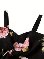 Elegant Print Elastic Suspender Tie Bow Vest Top - Black